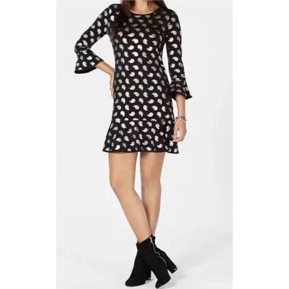 MICHAEL KORS Black/Silver Foil Paisley Flounce Shift Dress Bell Sleeves Size S